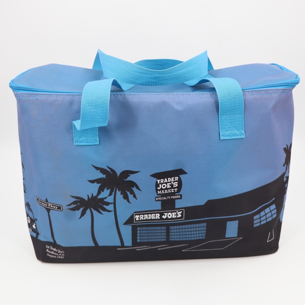 RARE Trader Joe's Insulated Cooler Bag Large Blue Pasadena Graphic Tote HTF